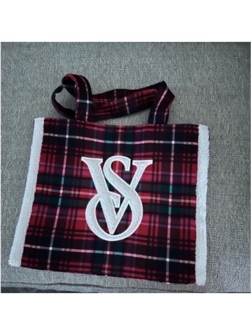Victorias Secret Red Plaid Tote Bag with Monogram Accent